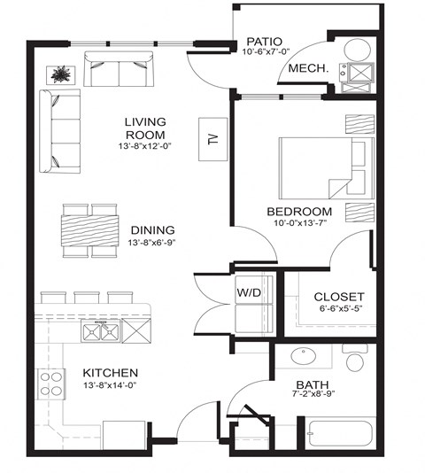 Floor plan for 1 bed, 1 bath, 732 sqft